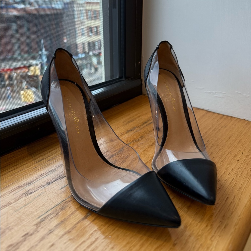 Gianvito Rossi PVC Black Leather Heels Pointed Toe Pumps